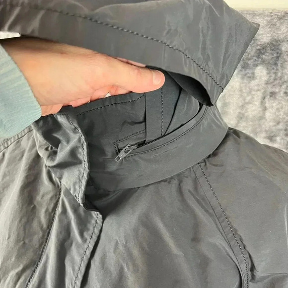 Eileen Fisher Hooded Rain Jacket Black Women's L Nylon Cotton Cinched Coat - Picture 3 of 15